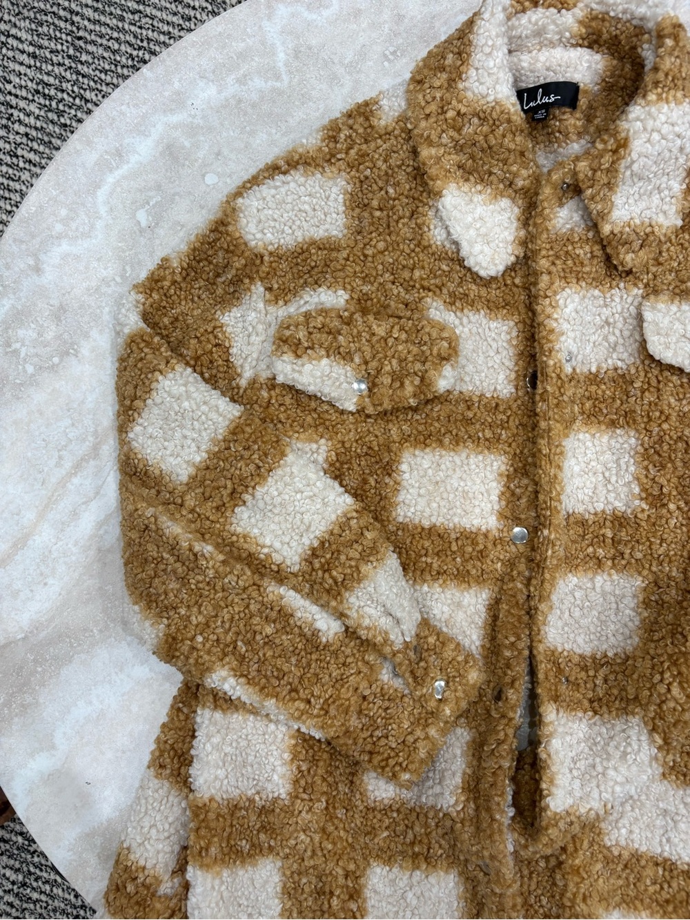 Lulus Winter Winds Plaid Teddy Shearling Long Shacket Coat Tan Cream XS